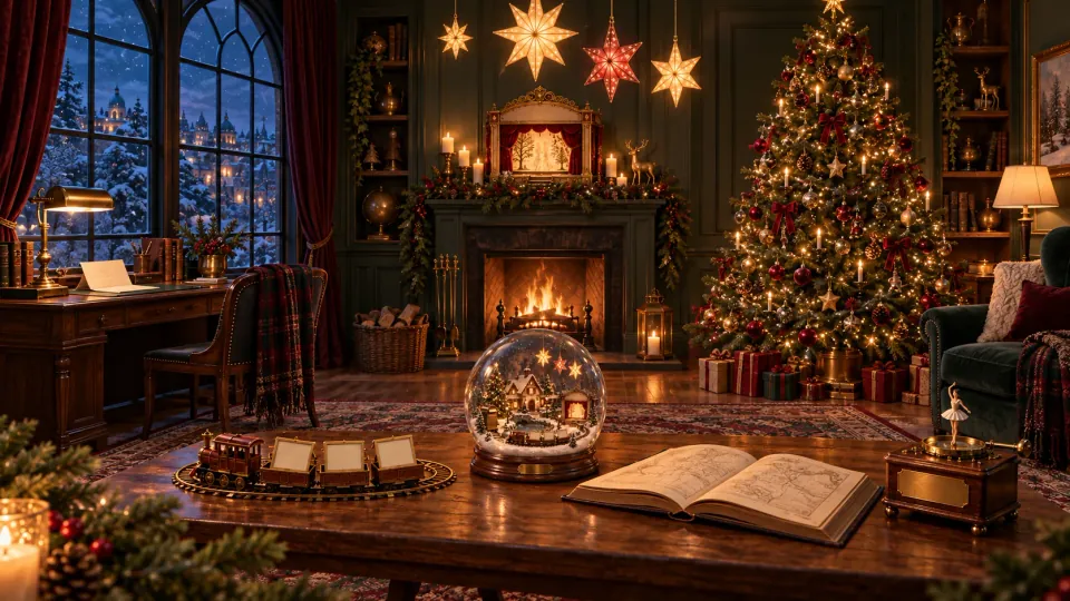 A cosy Christmas room with a lit tree, a fireplace and presents