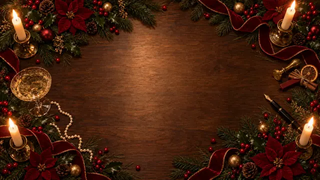 A candlelit Christmas table with poinsettias, pine sprigs, holly, gold baubles and cinnamon