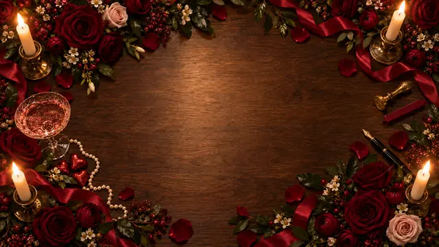 A candlelit table with red roses, petals, heart-shaped chocolates and pink champagne