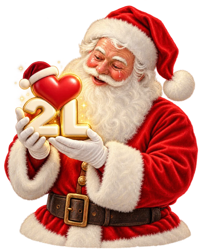 Santa holding the Christmas 2luv logo like a treasure