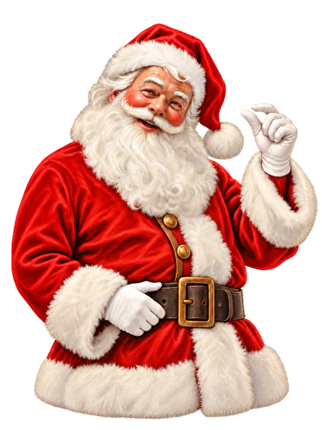 Santa Claus smiling and showing a tiny gap between his fingers to suggest a small price