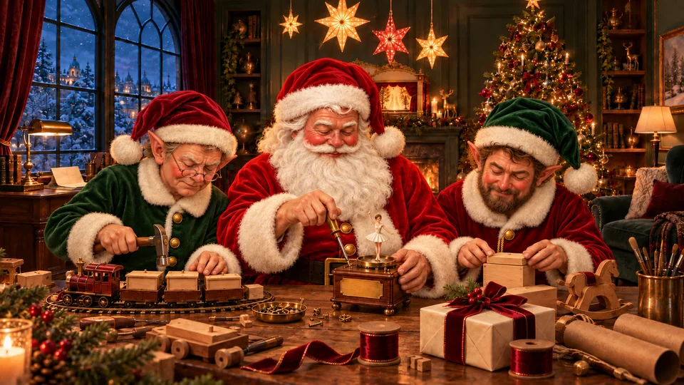 Papá Noel y los elfos preparando regalos en el taller de Navidad.
