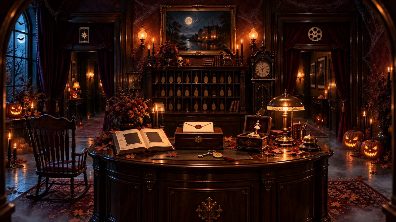 The Halloween gift’s reception: a wooden desk with a sealed letter, an album, a music box, a key, a pendulum clock, black candles, glowing pumpkins and an empty rocking chair.